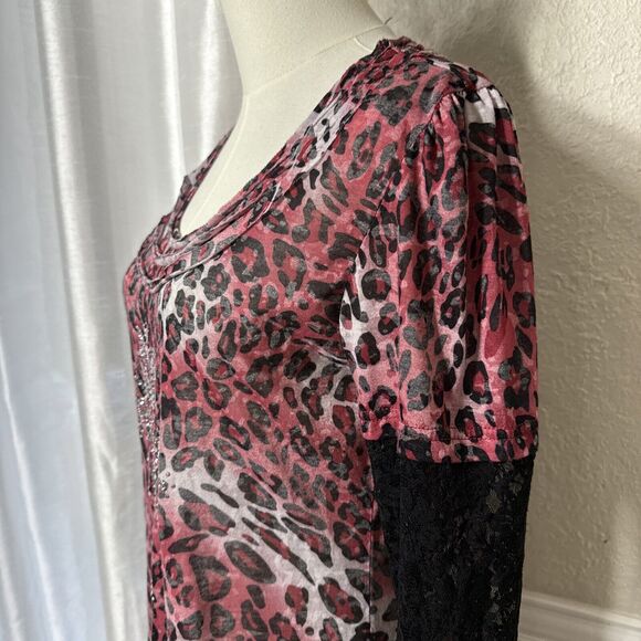Lady Noir Leopard Rhinestone Motorcycle Top Blouse Embellished Red Size L - Picture 4 of 14
